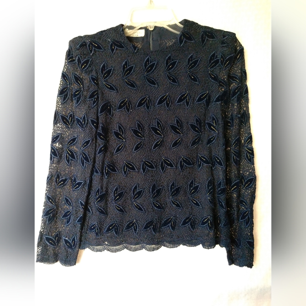 Vintage Kaoryinu Tokyo Embroidered Blouse Top Evening Wear Blue Gold Size XS